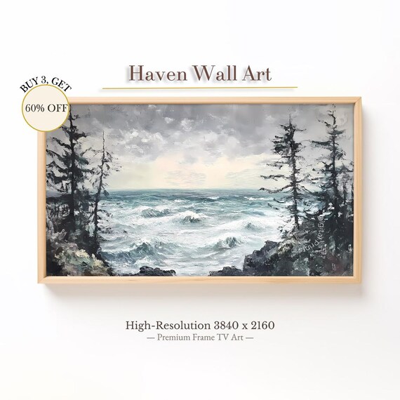 Rocky Pine Coast Waves Crashing Moody Seascape Oil Painting Poster
