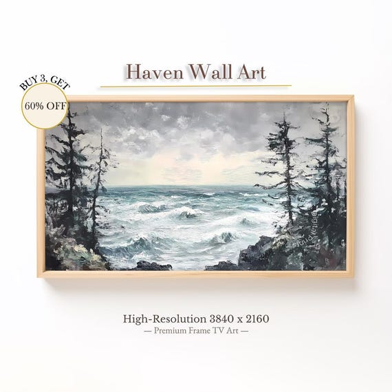 Stormy Coastal Forest Tv Art Summer Seascape Samsung Frame Dark Moody Ocean Painting Tub069
