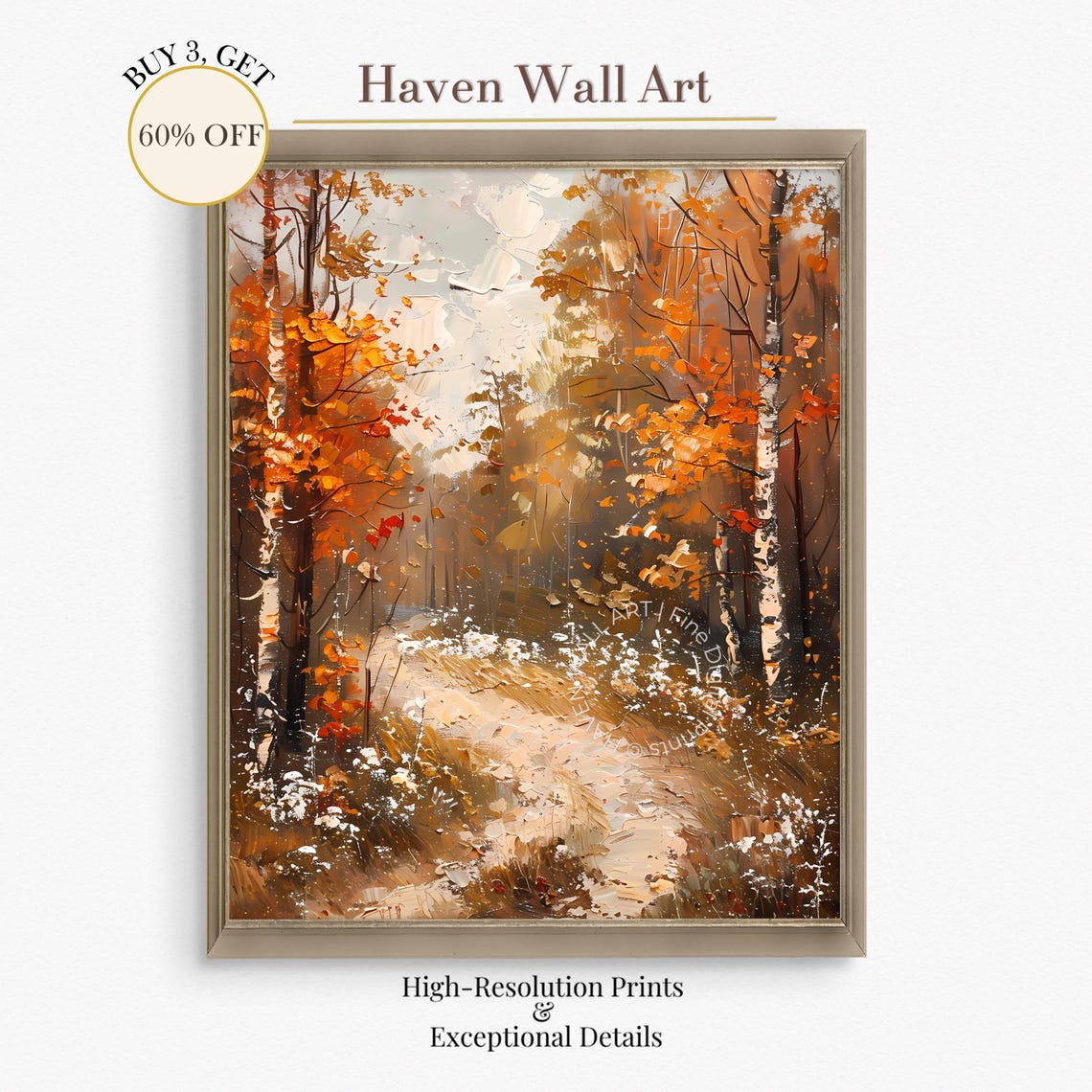 Frosty Birch Forest Path First Snow Impasto Oil Painting Wall Art
