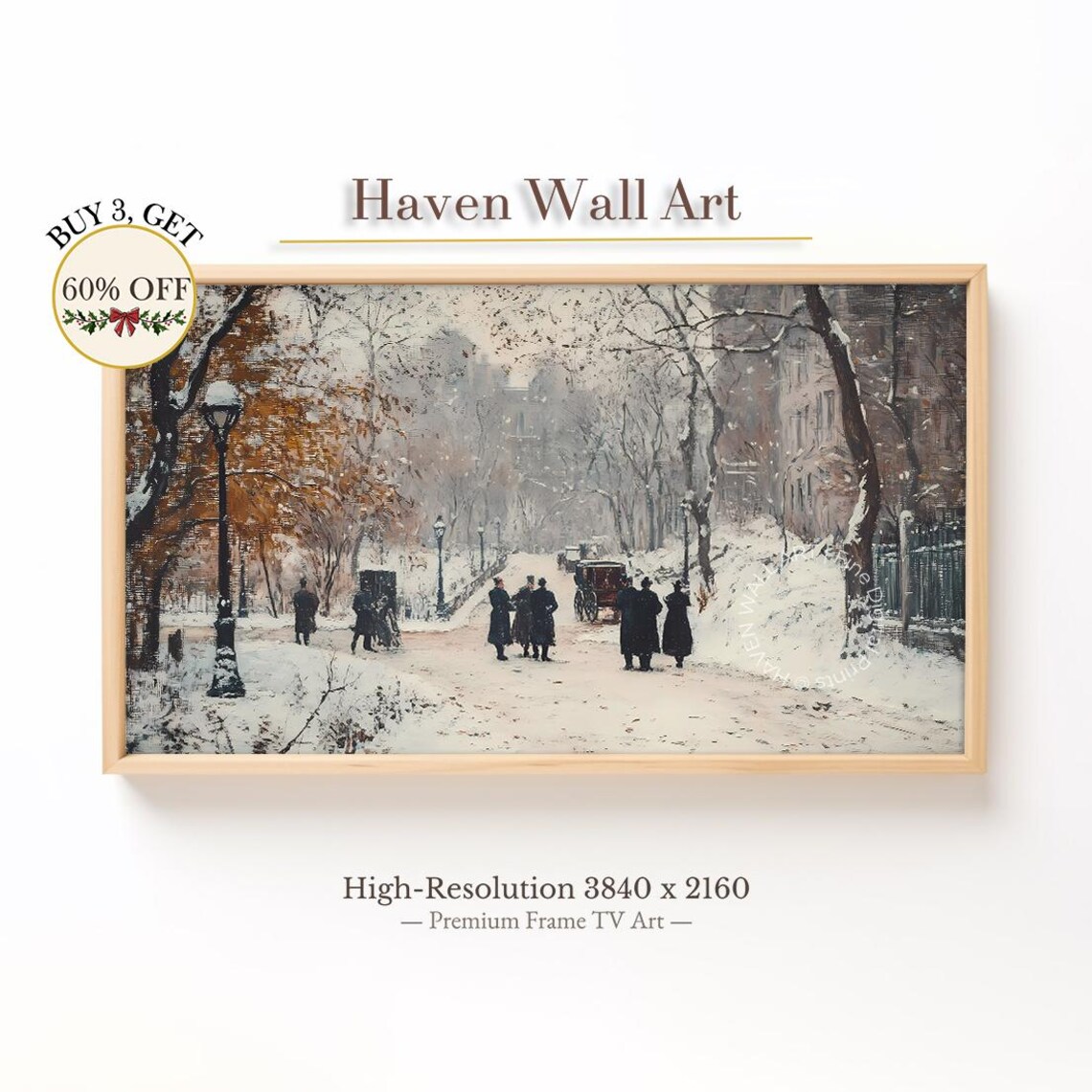 Victorian Park In Snowfall Horse Carriages Vintage Winter Scene Poster