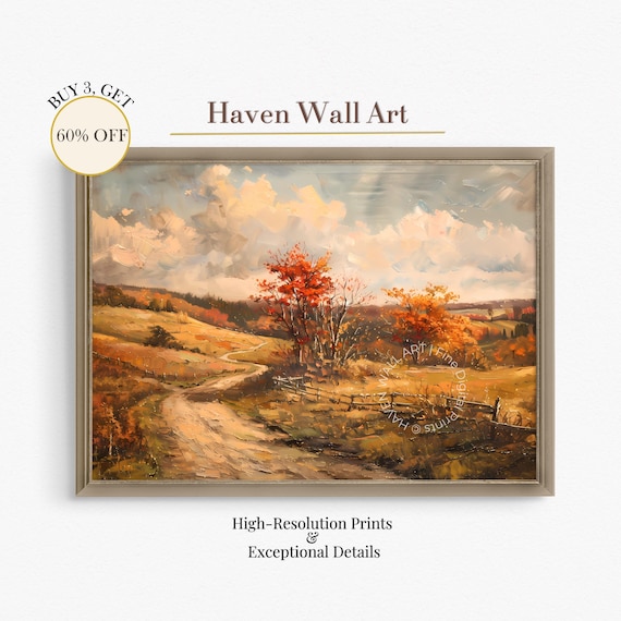Winding Autumn Country Road Golden Fields Rustic Countryside Wall Art