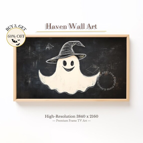 Cute Smiling Ghost With Witch Hat Chalkboard Style Halloween Wall Art