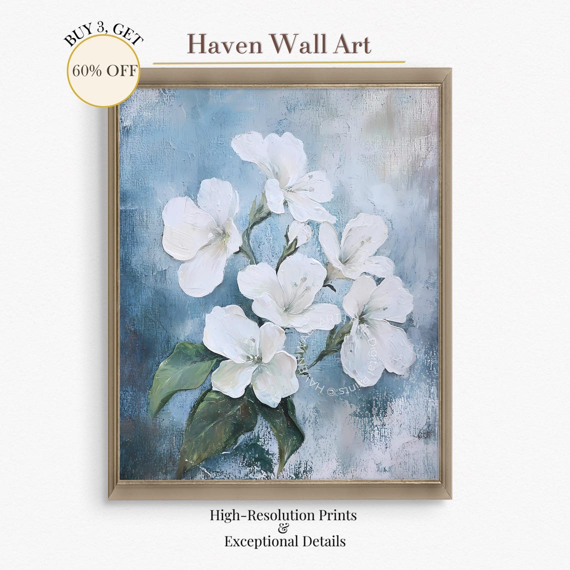 White Blossom Flowers Textured Blue Canvas Minimalist Art Poster