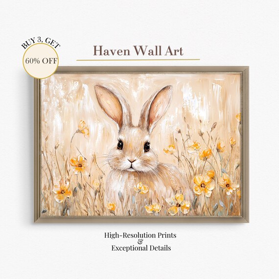 Golden Bunny Rabbit Among Wildflowers Spring Animal Scene Poster