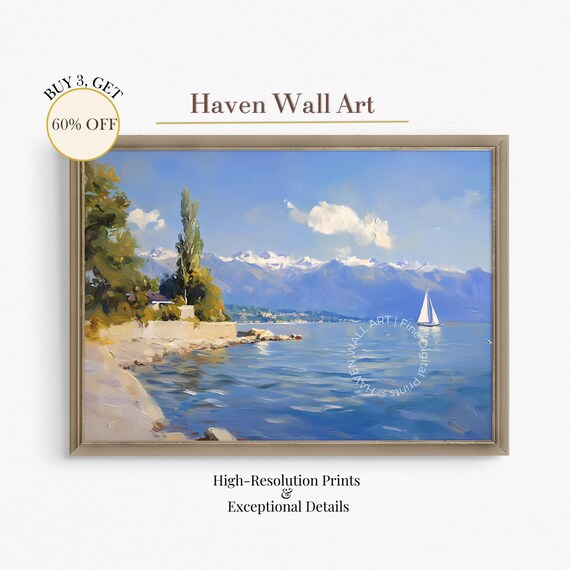 Sailboat on Mountain Lake Sunny Coastal Landscape Oil Painting Poster