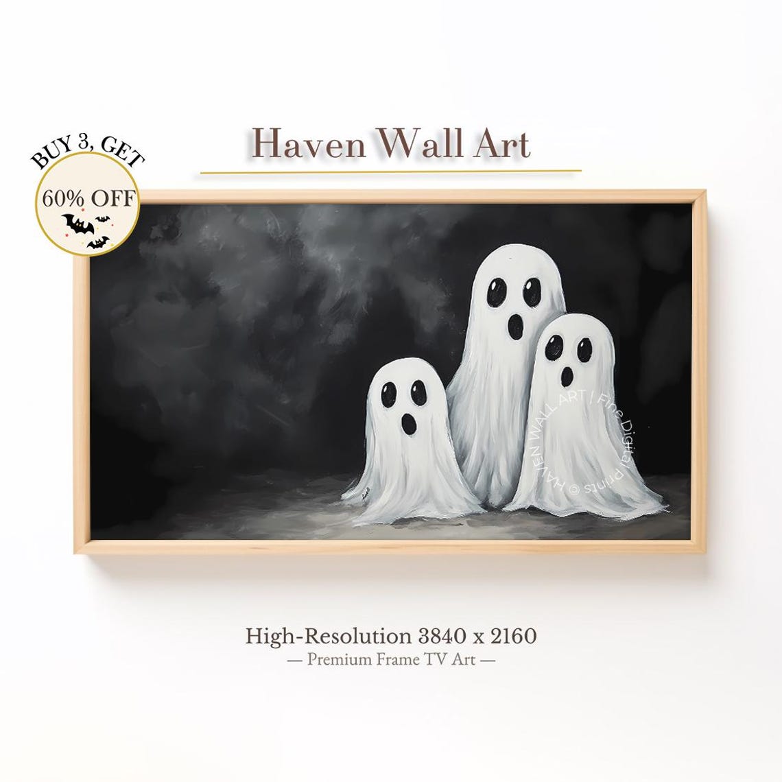 Cute Ghost Family Trio Spooky Black Night Halloween Wall Art