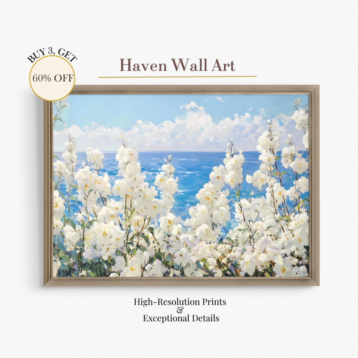 White Coastal Blossoms against Blue Ocean Summer View Art Poster