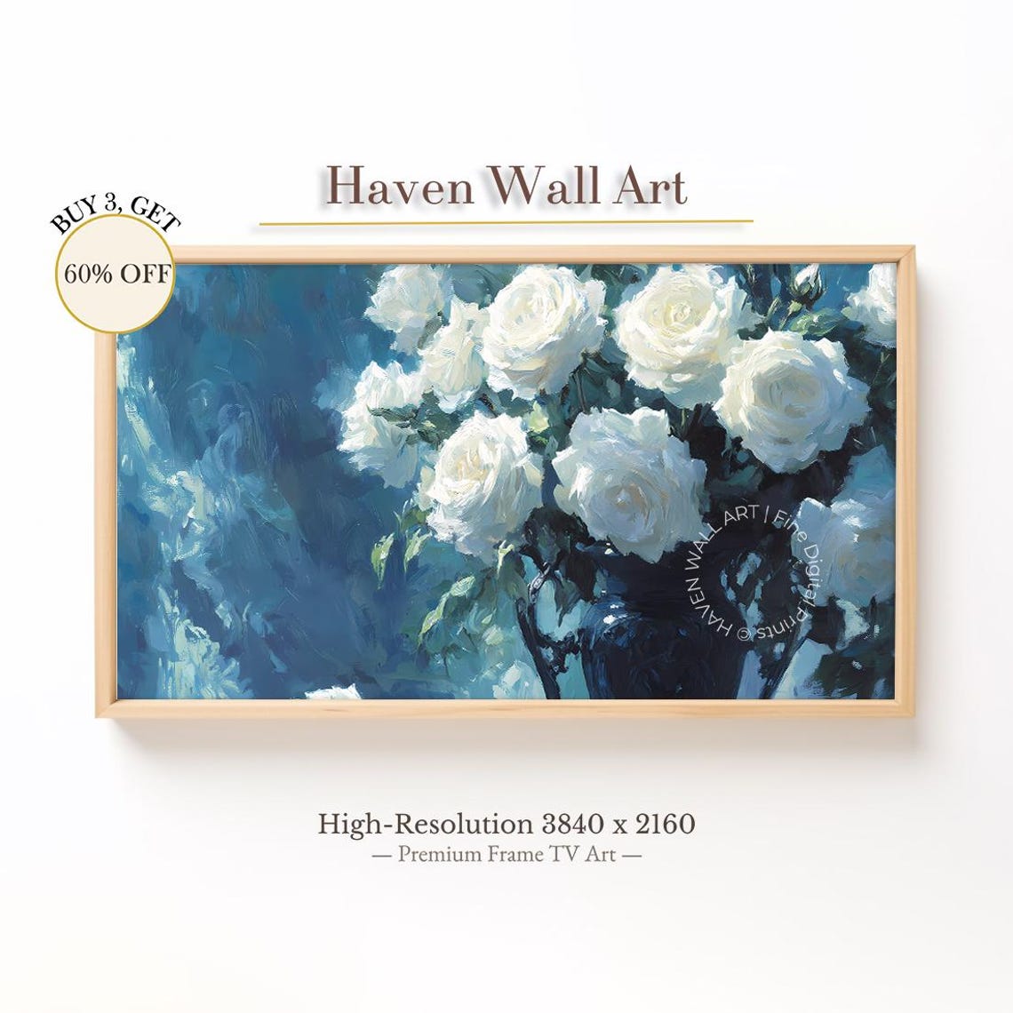 White Roses Against Deep Blue Background Moody Floral Wall Art