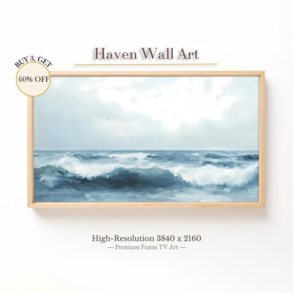 Stormy Blue Ocean Waves Moody Coastal Seascape Painting Poster