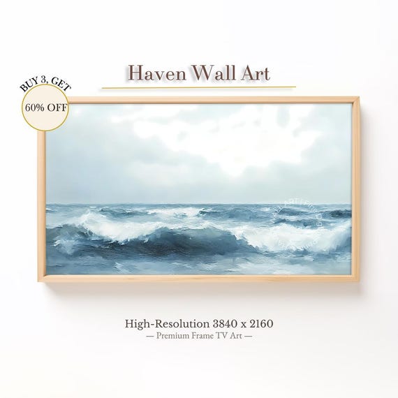 Stormy Sea Frame Tv Art Minimal Ocean Painting Moody Coastal Samsung Wall For Summer Decor Tub078