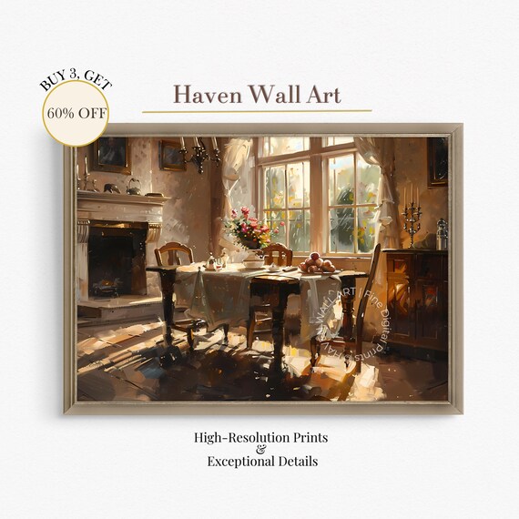 Cozy Dining Room Oil Painting Fireplace Breakfast Table Window Poster