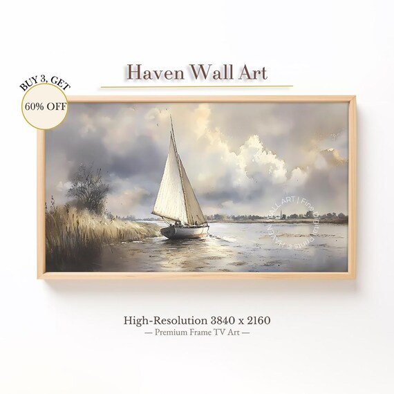 Realistic Sailboat On Calm River Watercolor Sailing Boat Art Poster