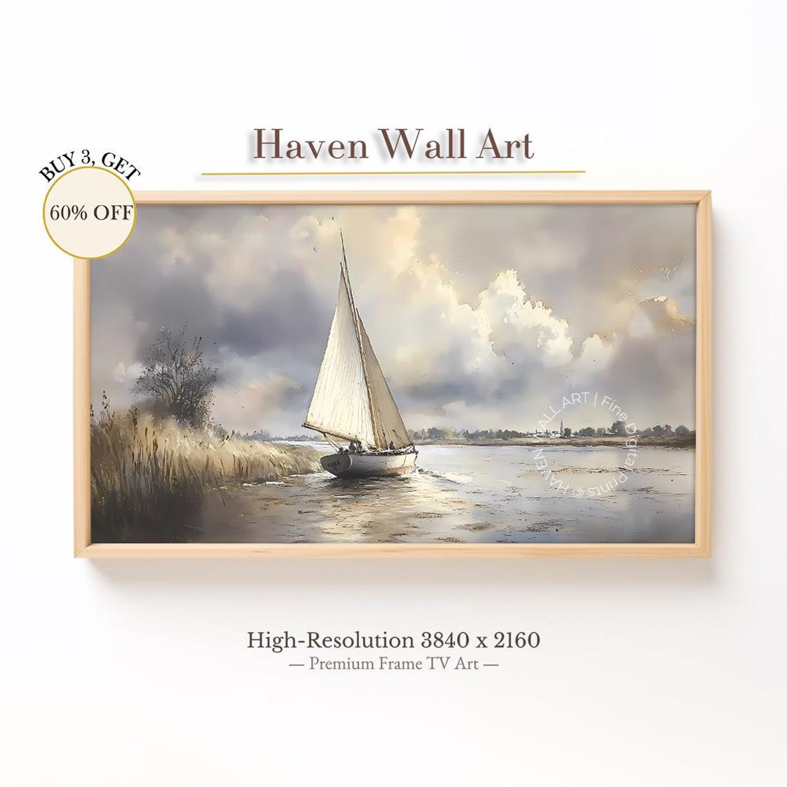 Realistic Sailboat On Calm River Watercolor Sailing Boat Art Poster