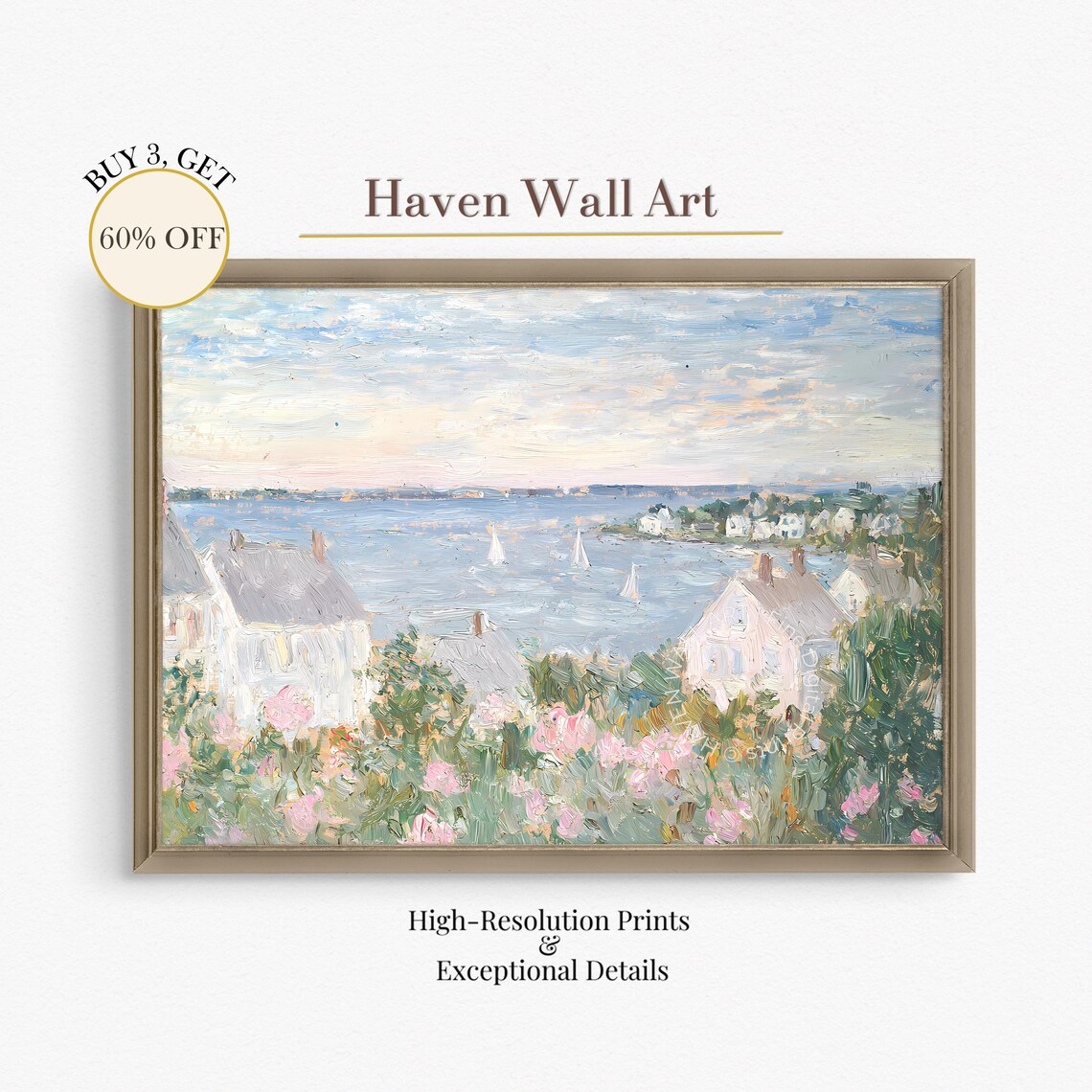 Coastal Village Sailboats Pink Flowers Impressionist Harbor Wall Art