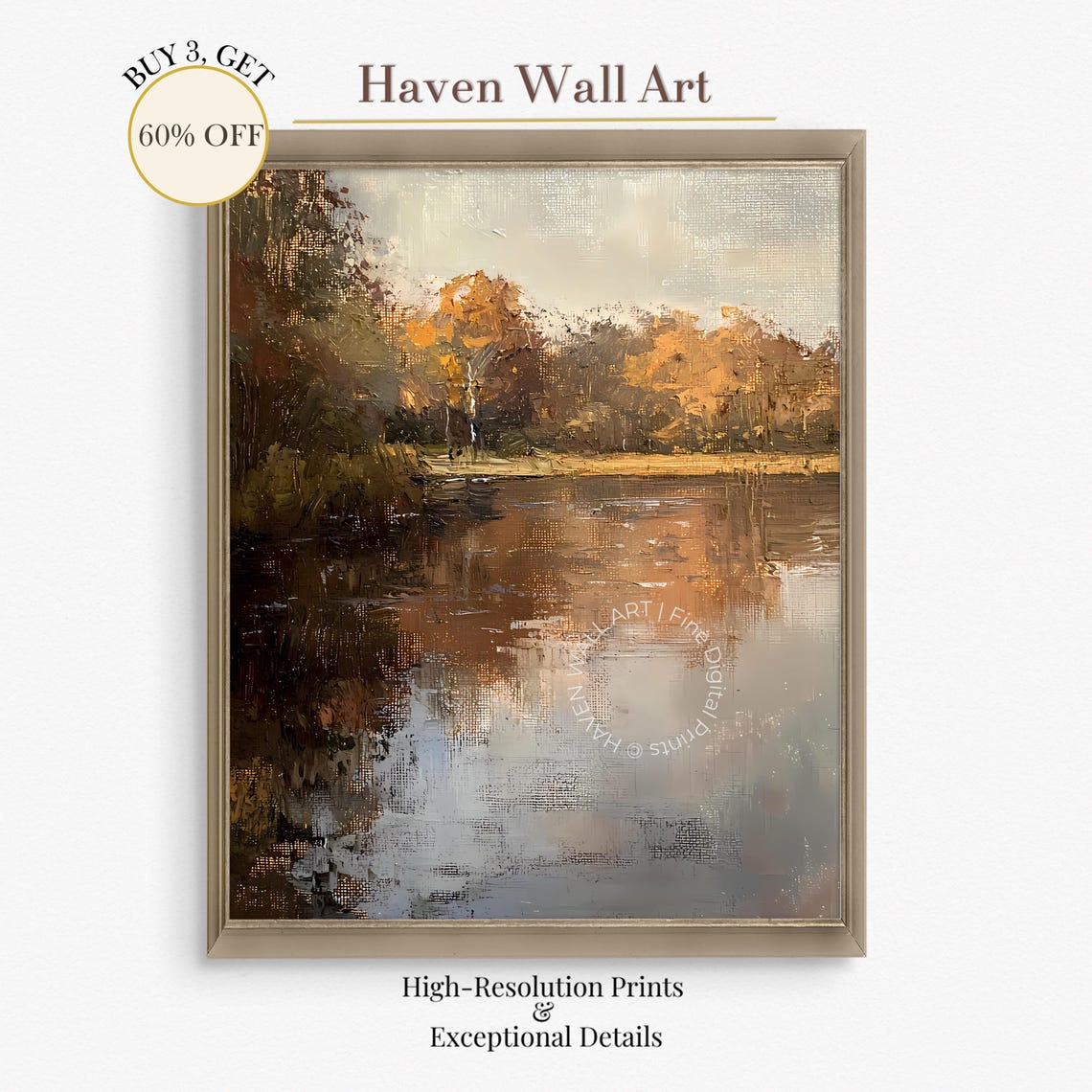Tranquil Autumn Lakeside Print With Golden Trees Reflected In Water