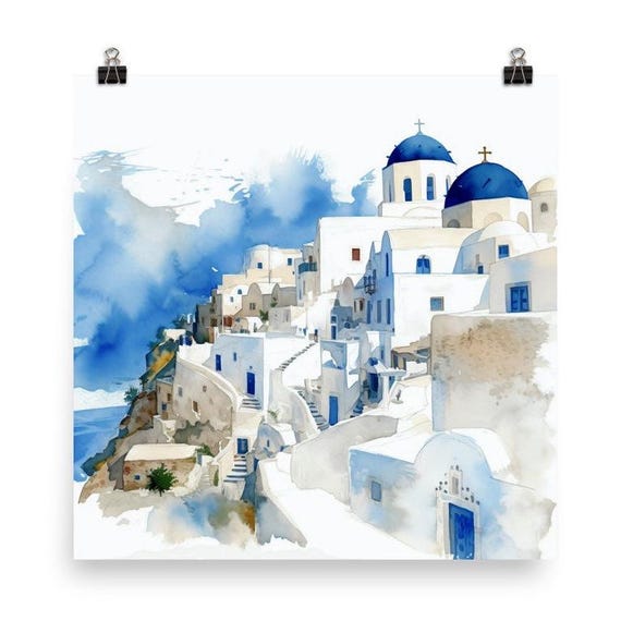 Santorini Greece Watercolor Travel Poster, Europe