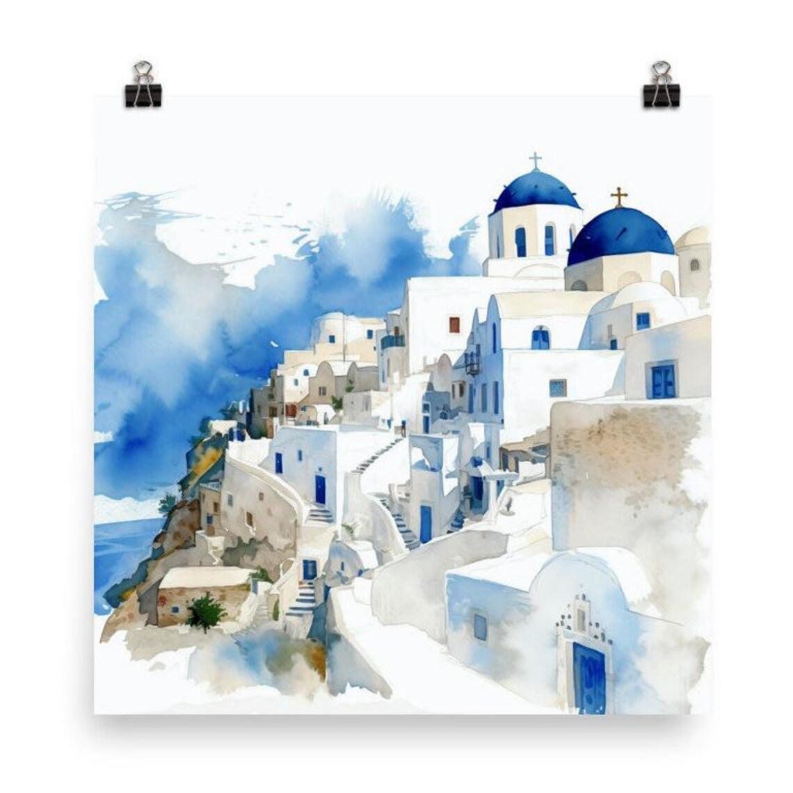 Santorini Greece Watercolor Travel Poster, Europe