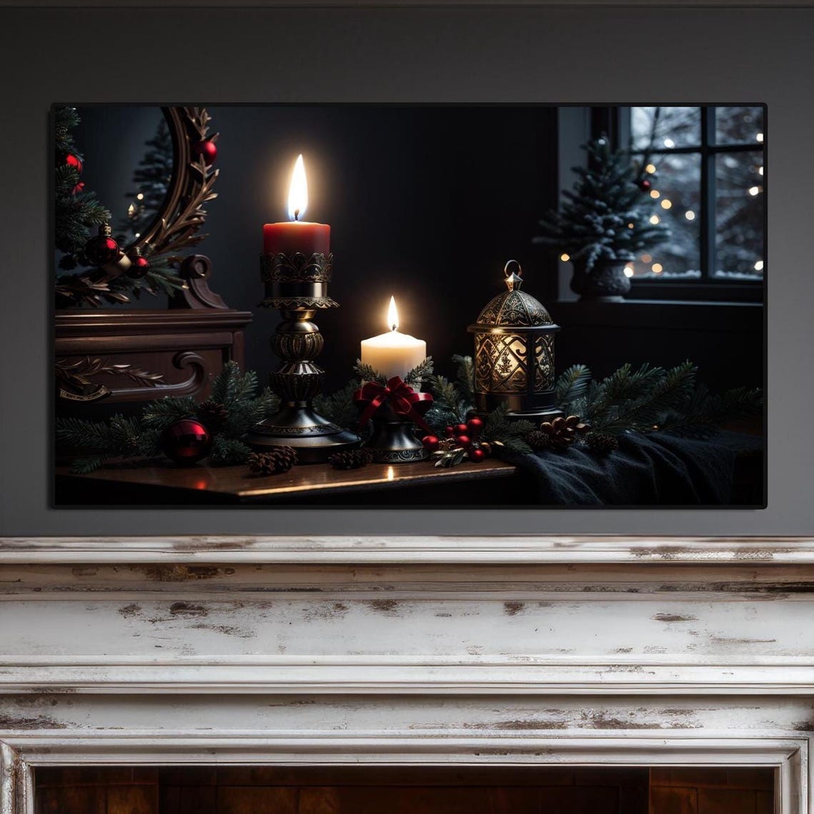 Moody Christmas Candlelight Lantern Dark Holiday Still Life Poster