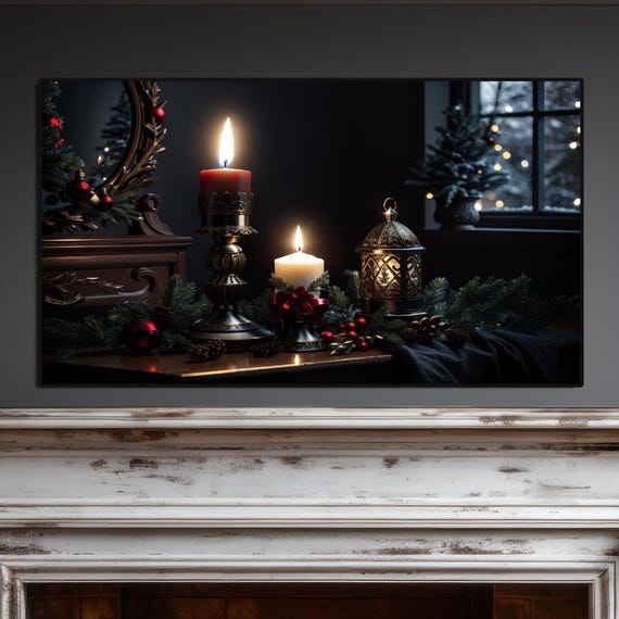 Moody Christmas Candlelight With Lantern Tv Art Frame Holiday Winter