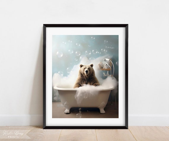 Grizzly Bear In A Bubble Bath Wall Art Clawfoot Tub Home Decor Bathroom Decor Cute Funny Instant