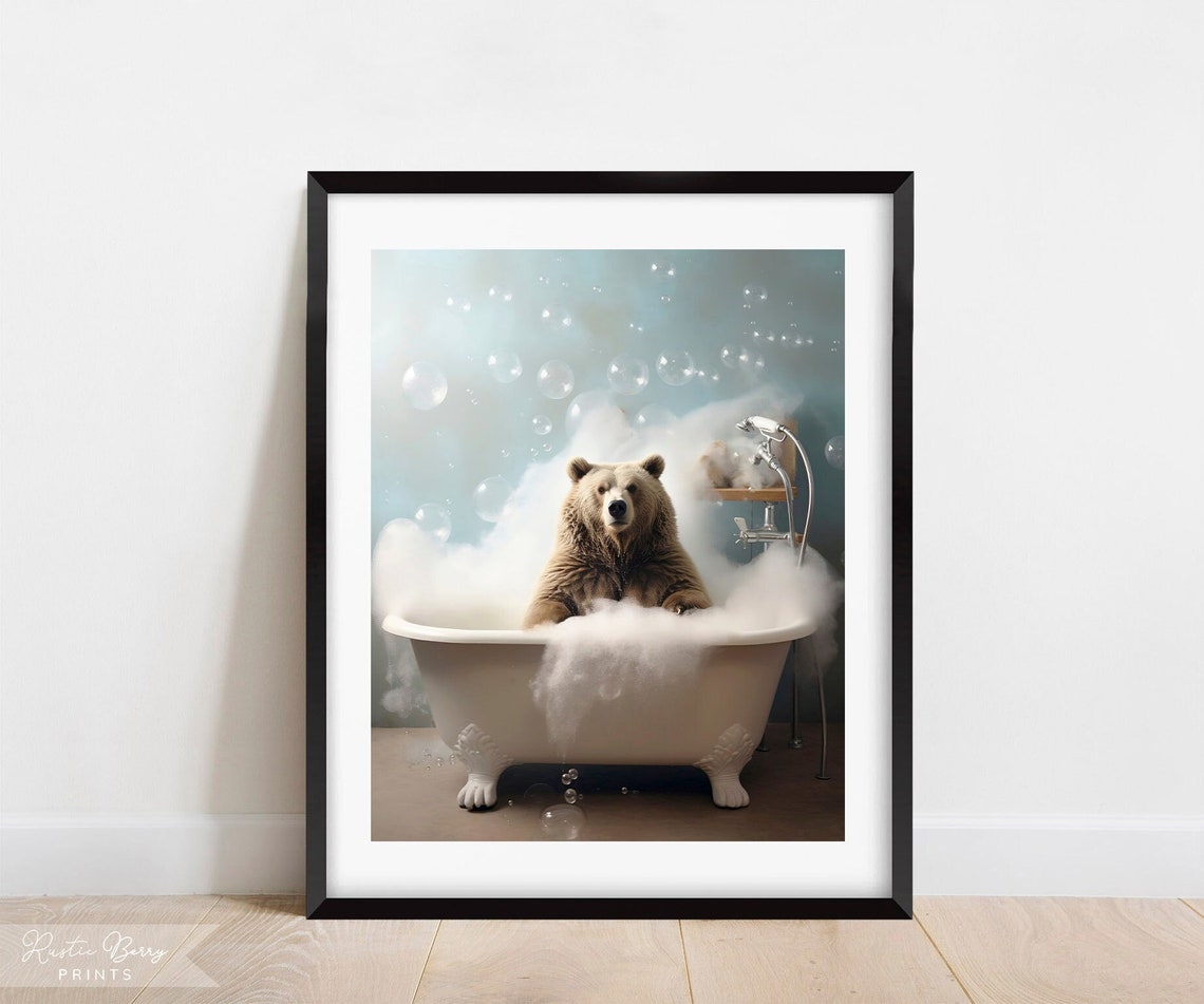 Grizzly Bear In A Bubble Bath Wall Art Clawfoot Tub Home Decor Bathroom Decor Cute Funny Instant