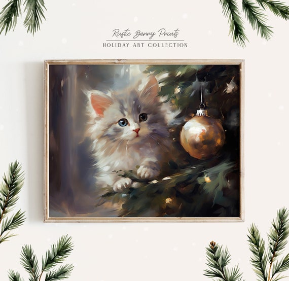 Cute Kitten Oil Painting Art Print Vintage Print Wall Art Christmas Holiday Decor Ornament Tree
