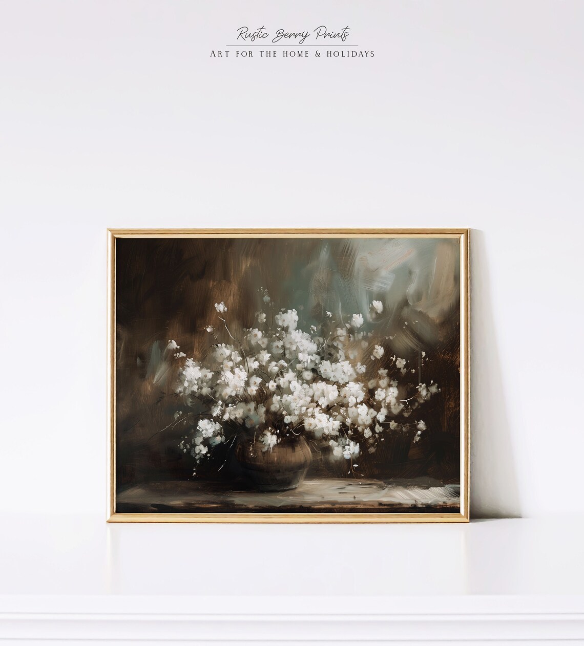 Antique White Floral Bouquet Dark Moody Vintage Botanical Oil Print