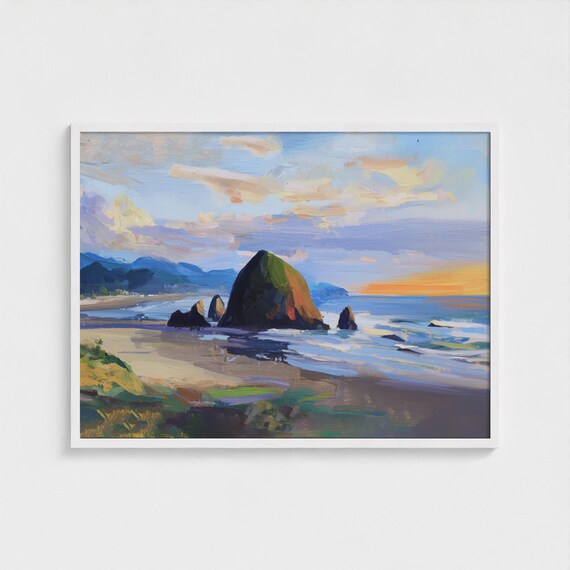 Cannon Beach Haystack Rock Sunset Oregon Coast Painting Poster