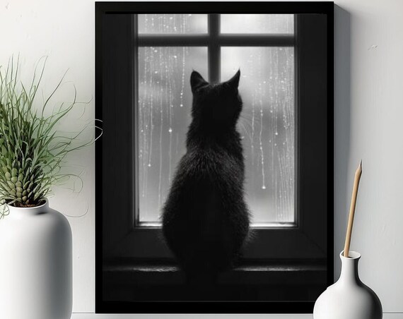 Black Cat Silhouette Watching Rain on a Window Monochrome Poster