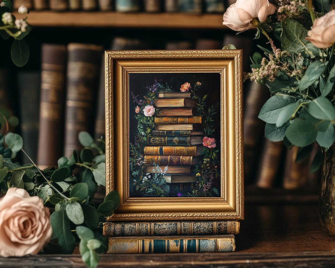 Tall Stack Of Antique Books With Flowers Dark Library Art Poster - Image 4