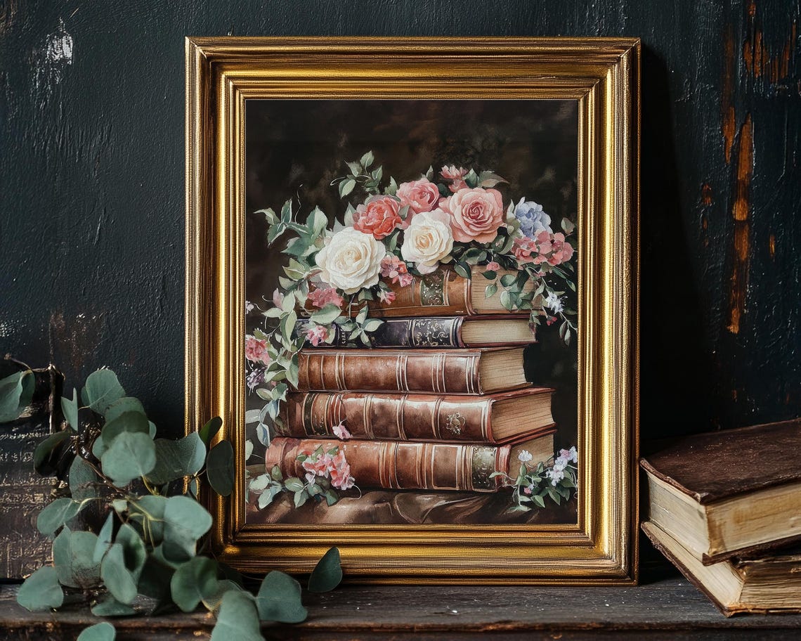 Stack Of Vintage Books With Pink Roses Dark Moody Library Poster - Image 5