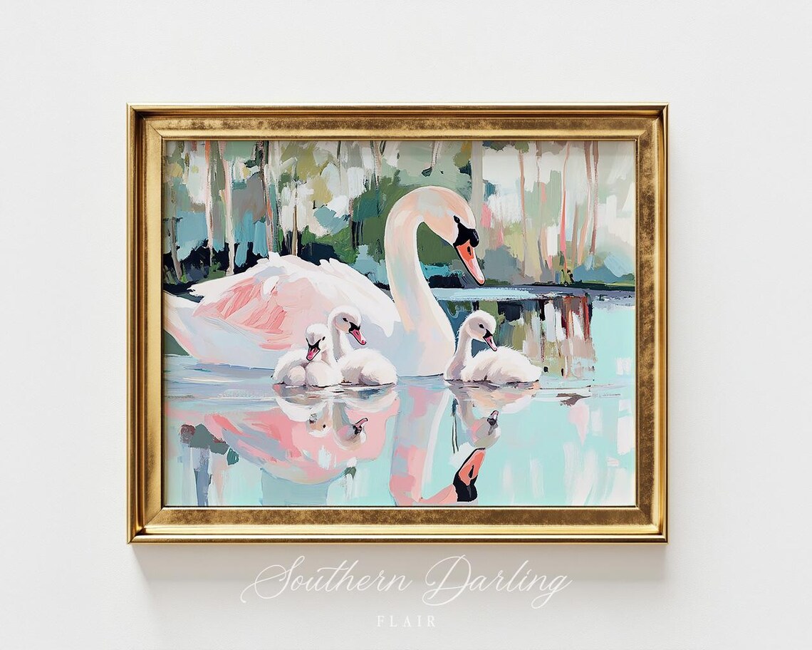 Mother Swan With Babies, Coquette Wall Art Print