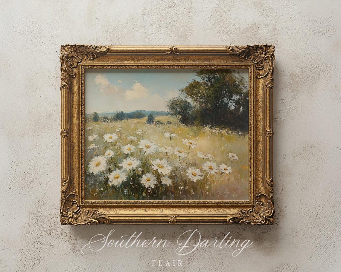 Vintage White Daisy Field Wildflower Meadow Country Landscape Poster - Image 2