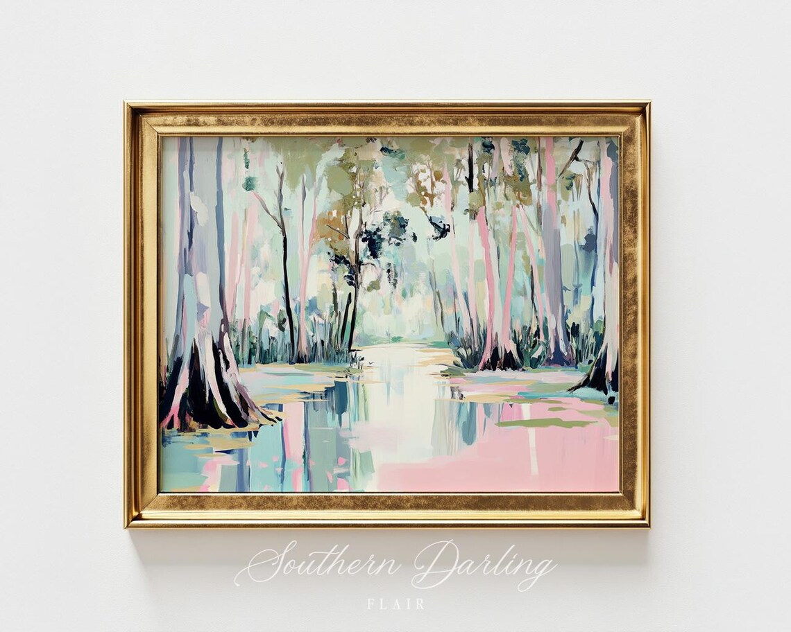 Pastel Canal Wetlands Landscape, Coastal Art Print