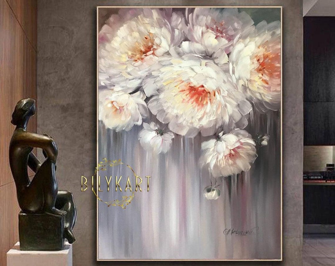 White Peony Blossoms Gray Background Oil Painting Floral Art Poster