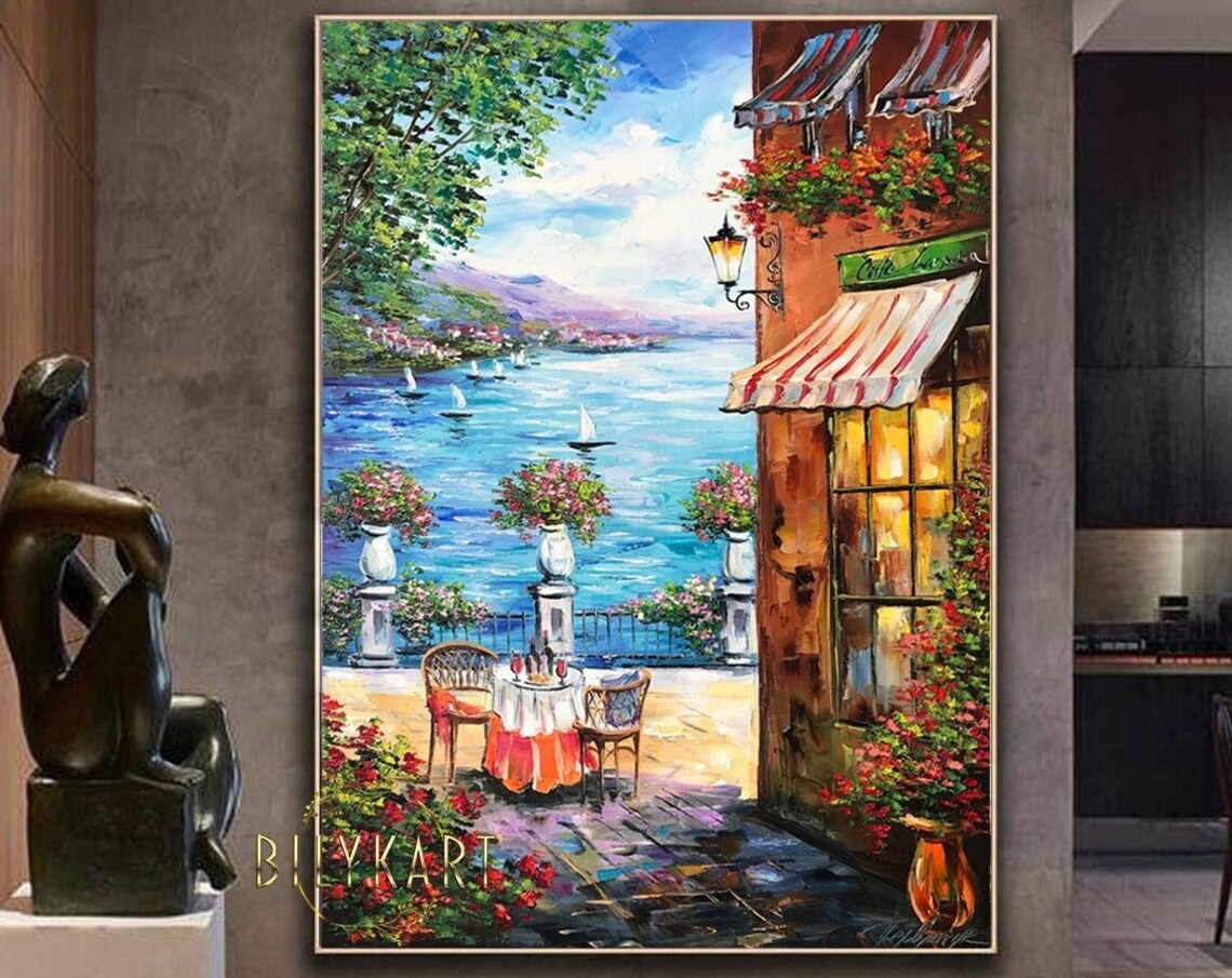 Italian Cafe Landscape, Mediterranean Oil Painting Art - Image 3