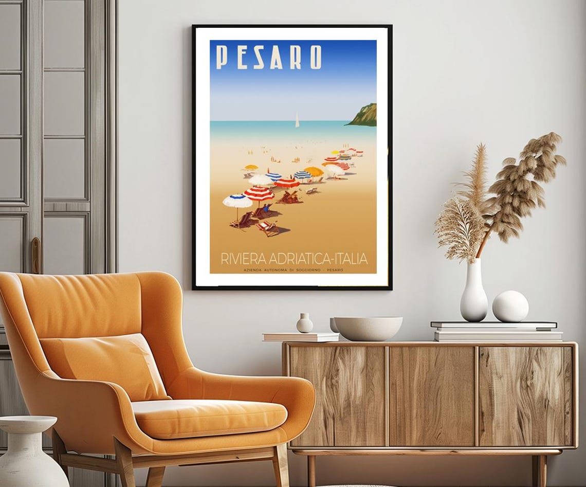 Pesaro Riviera Adriatica Italy Beach Umbrellas Vintage Travel Poster - Image 2