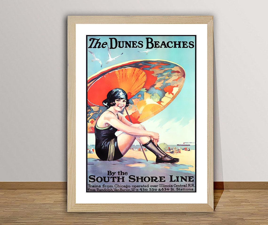 The Dunes Beaches South Shore Line Chicago Train Vintage Poster