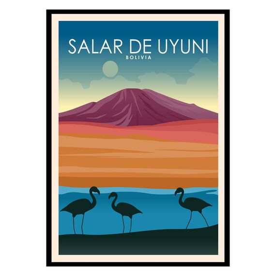 Salar de Uyuni Bolivia Vintage Travel Poster Flamingos Salt Flat Volcano View