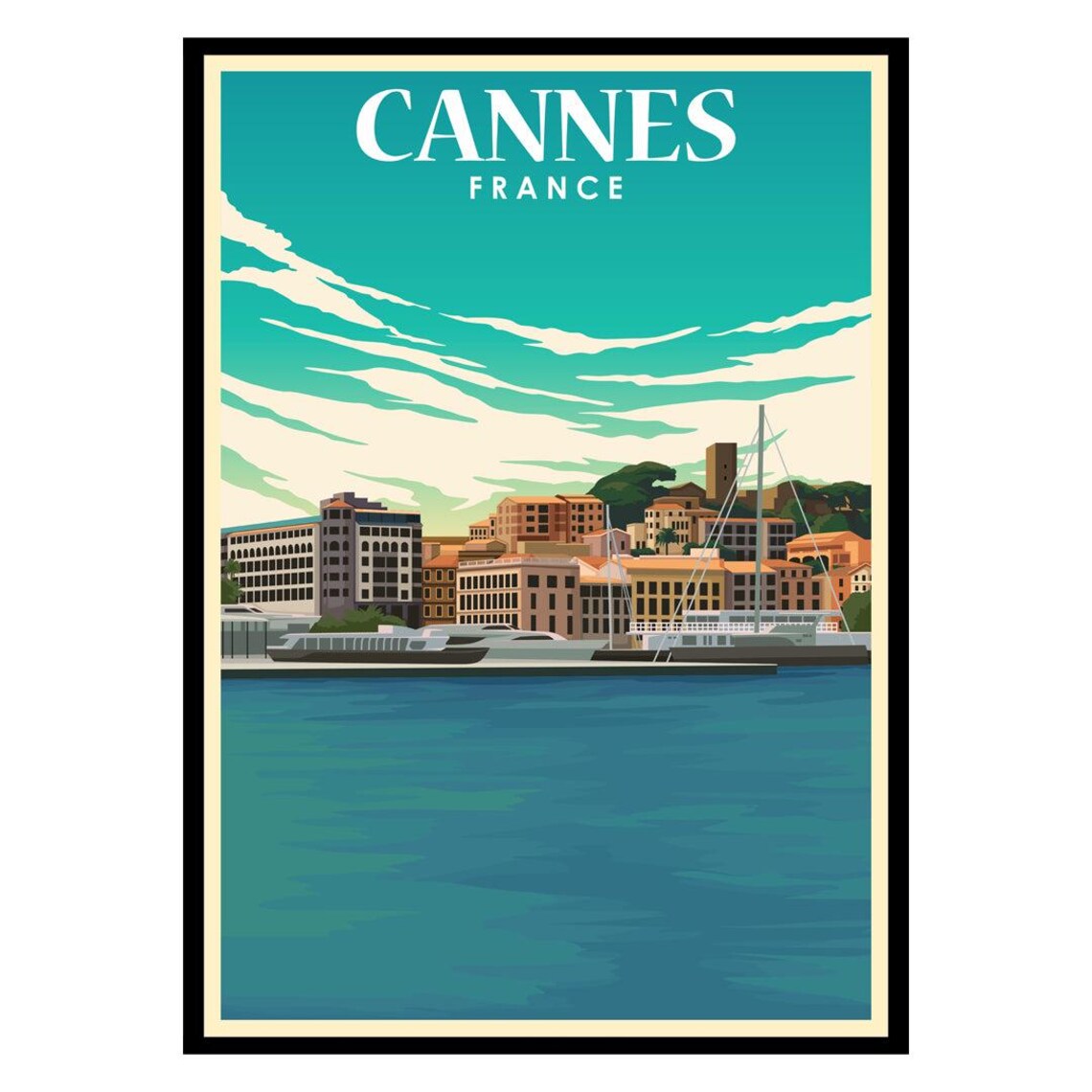 Cannes France Riviera Coast Vintage Travel Poster Harbor Hotels View