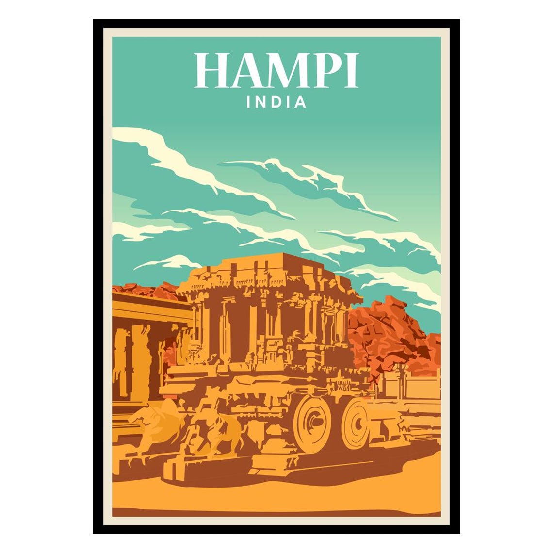 Ancient Hampi India Stone Temple Chariot Vintage Travel Poster
