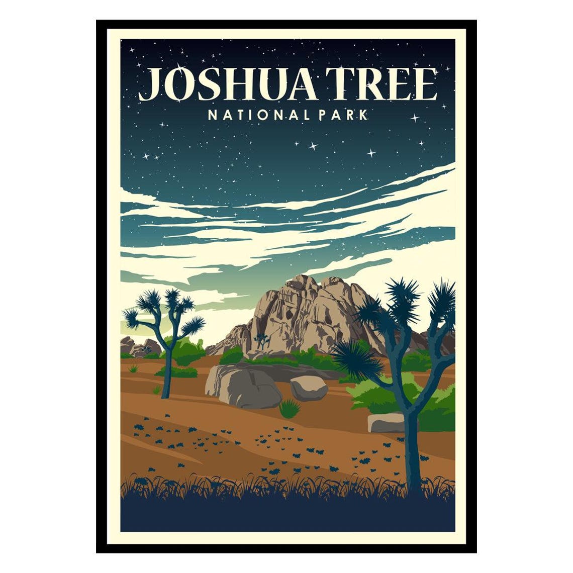 Joshua Tree National Park Vintage Starry Night Desert Poster