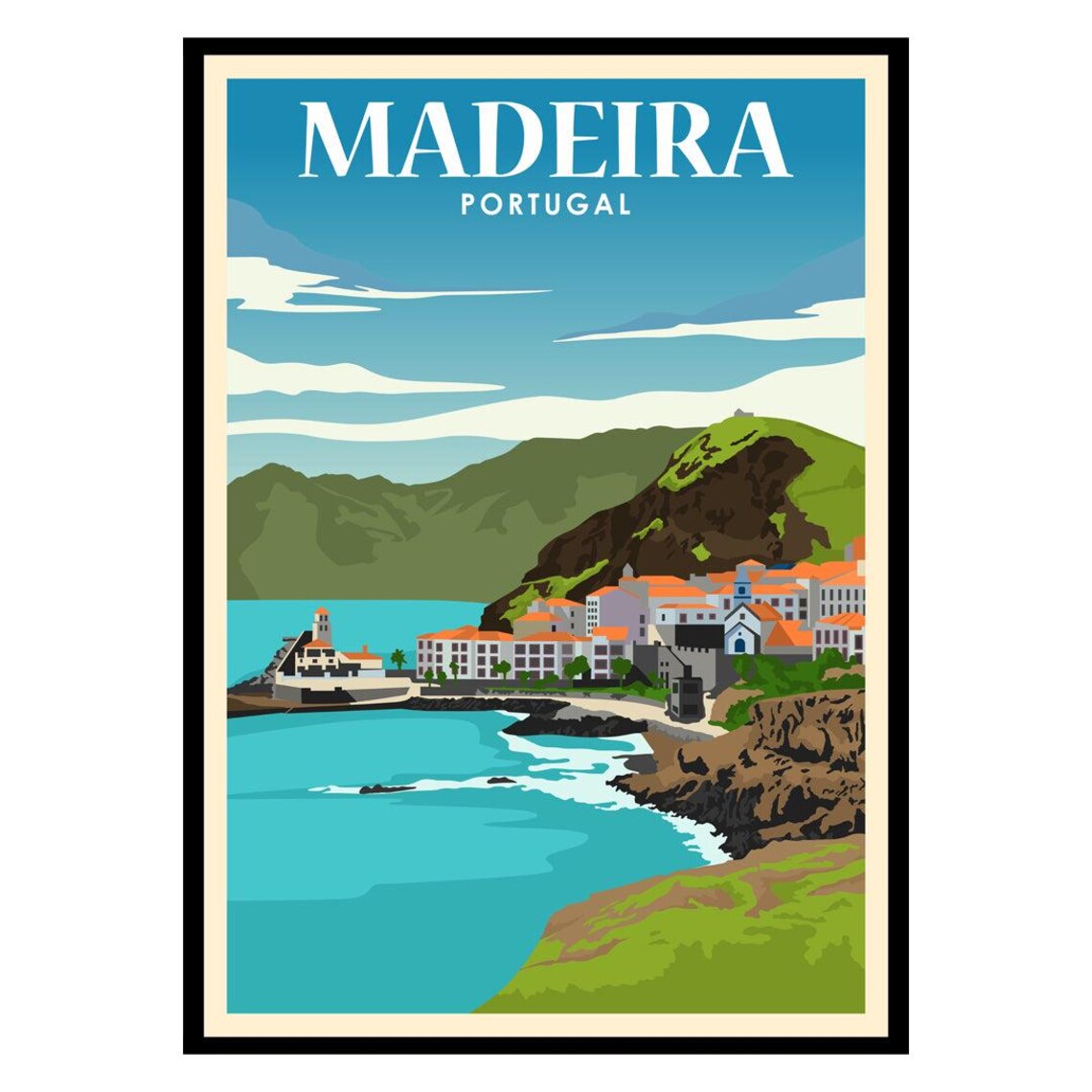Madeira Portugal Coastal Cliffs Seaside Vintage Style Travel Poster