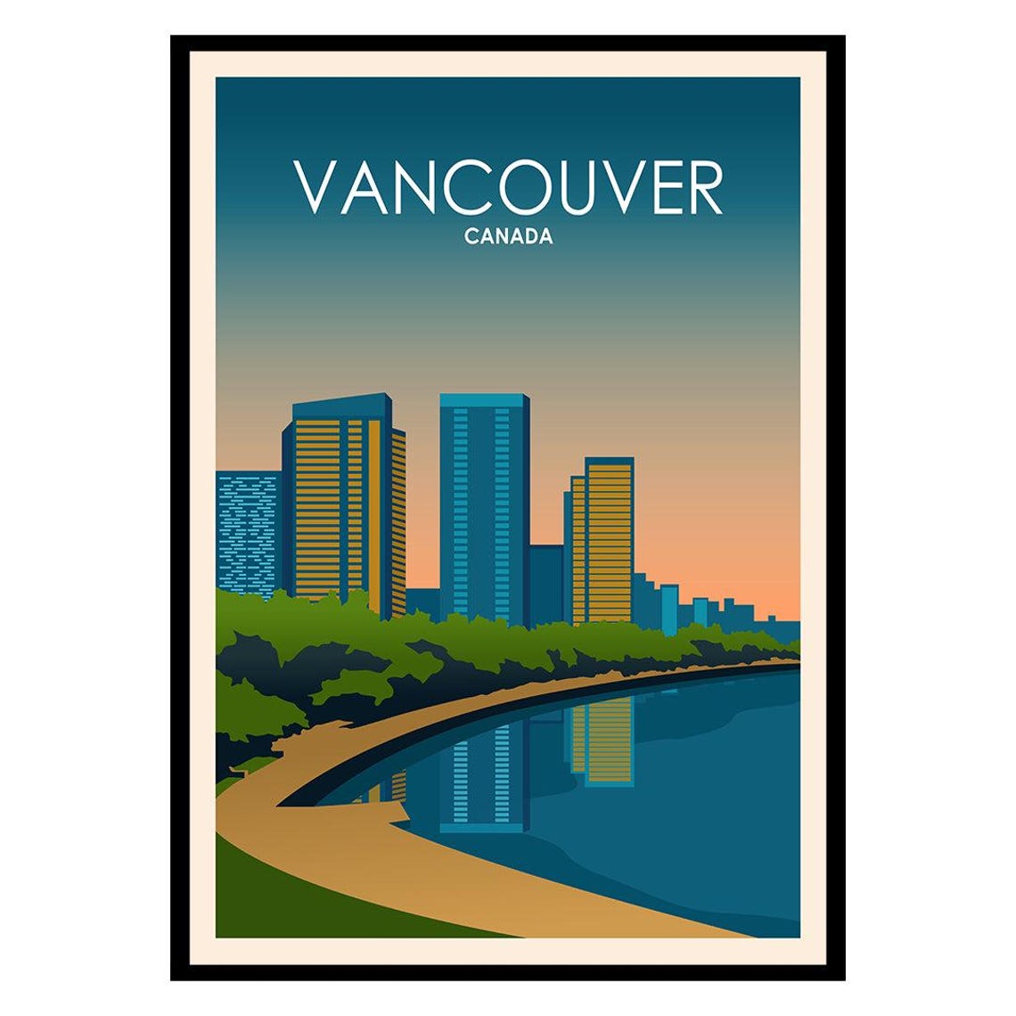 Vancouver Canada Vintage Travel Poster Skyline Waterfront Sunset Art
