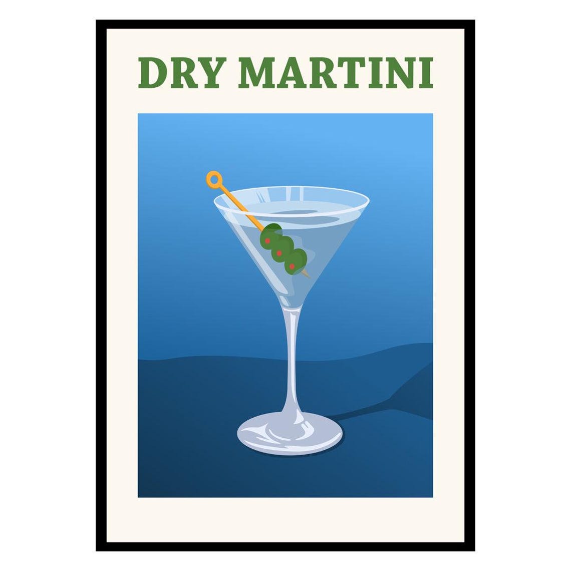 Dry Martini Cocktail Retro Poster Olive Garnish Classic Drink Art