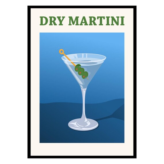 Dry Martini Cocktail Retro Poster Olive Garnish Classic Drink Art