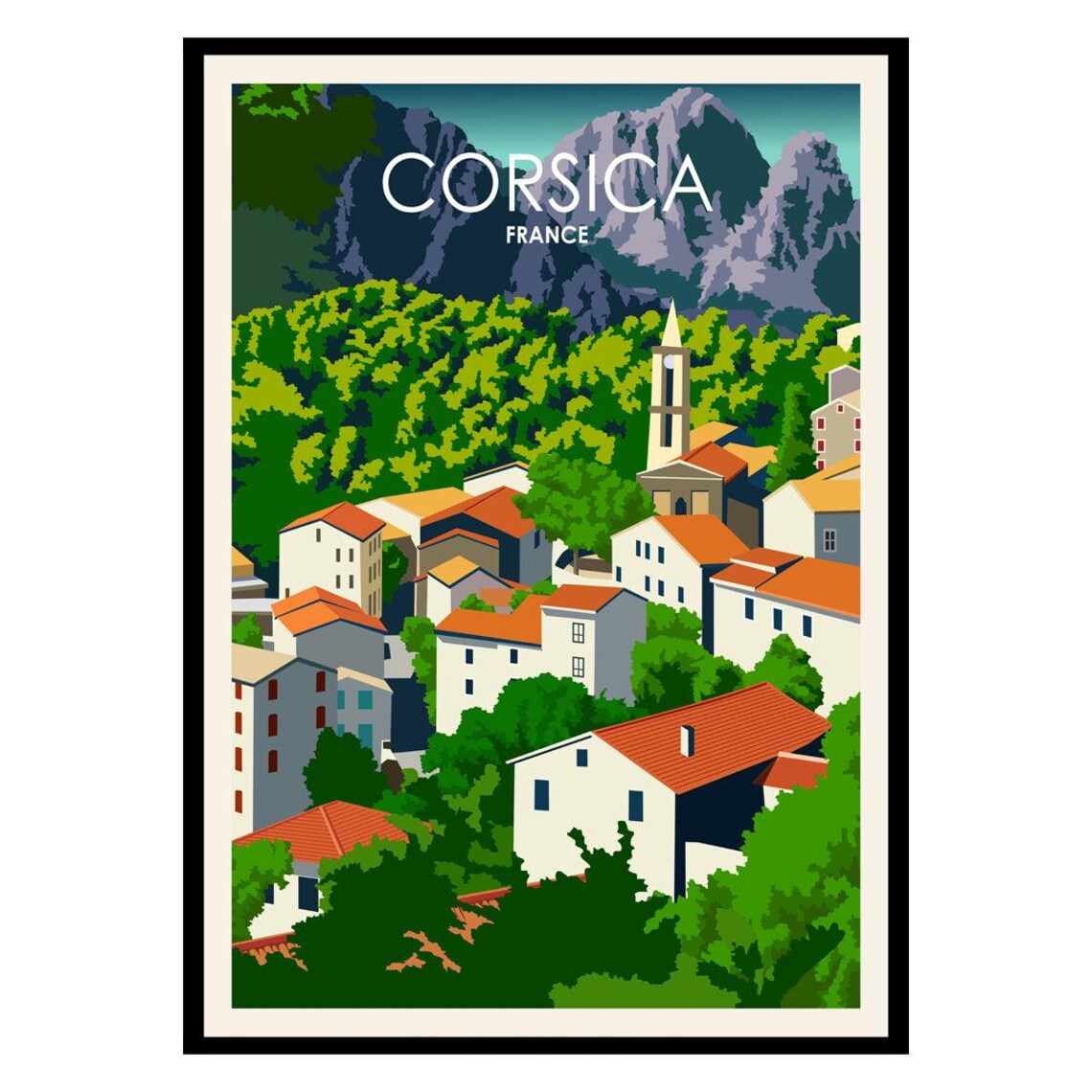 Corsica France Mountain Village Church Vintage Travel Poster