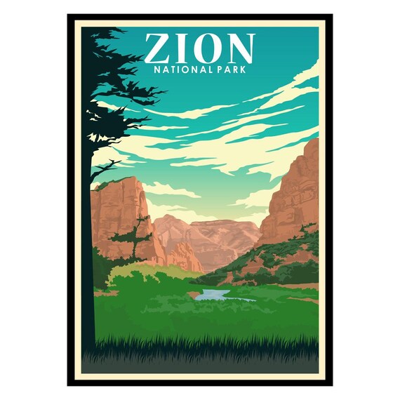 Zion National Park Red Rock Cliffs Vintage Travel Poster Desert View