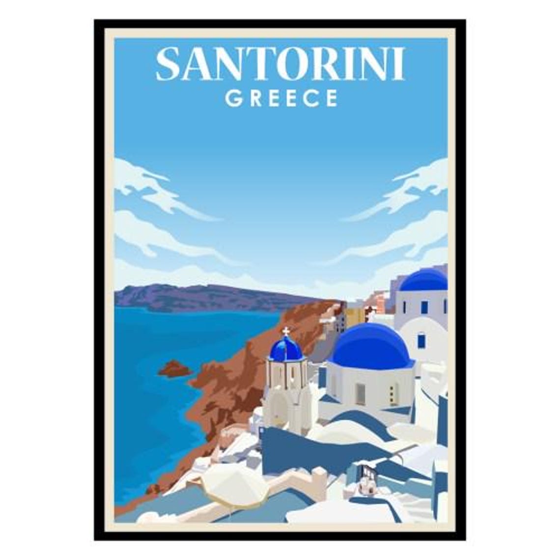 Santorini Greece Travel Poster Blue Dome Church Over Aegean Sea