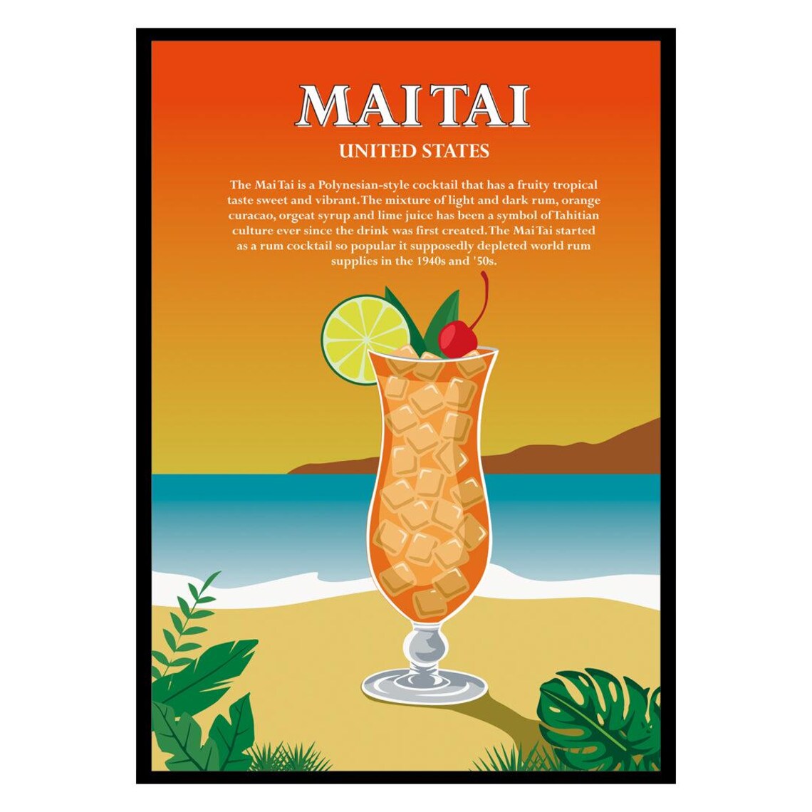 Mai Tai United States Tropical Tiki Cocktail Recipe Poster Art